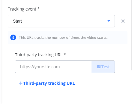 Screenshot of the 'Tracking event' setup for a video creative, showing the selection of a 'Start' event and the input field for a third-party tracking URL.