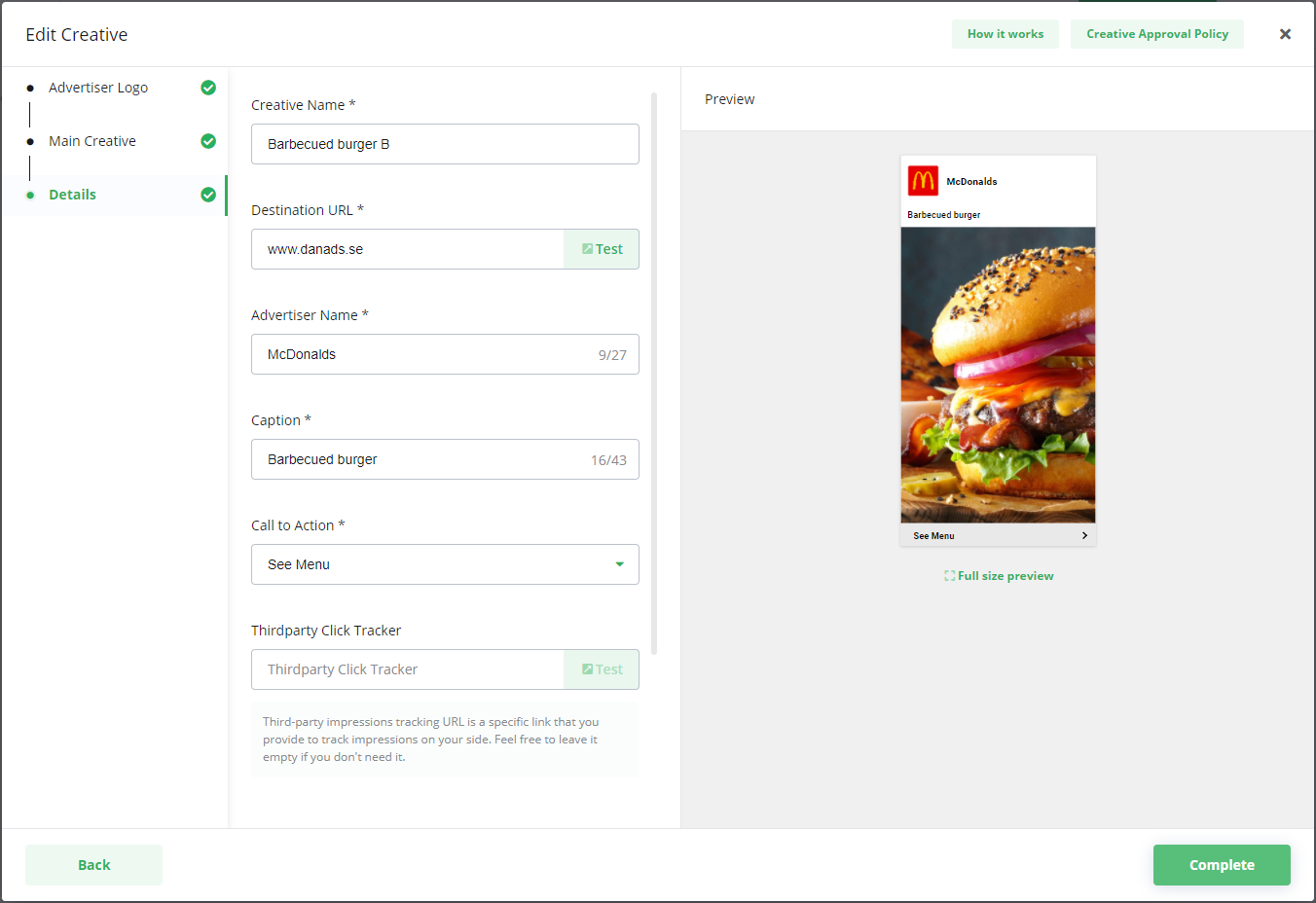 Screenshot of the 'Edit Creative' details step, showing the user editing information for a 'Barbecued burger B' creative with a live preview.