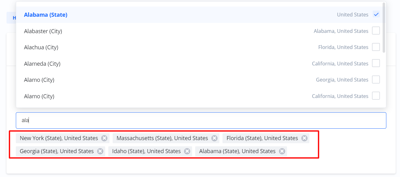A location targeting interface with several US states selected, and ala being typed into the search box to add more.