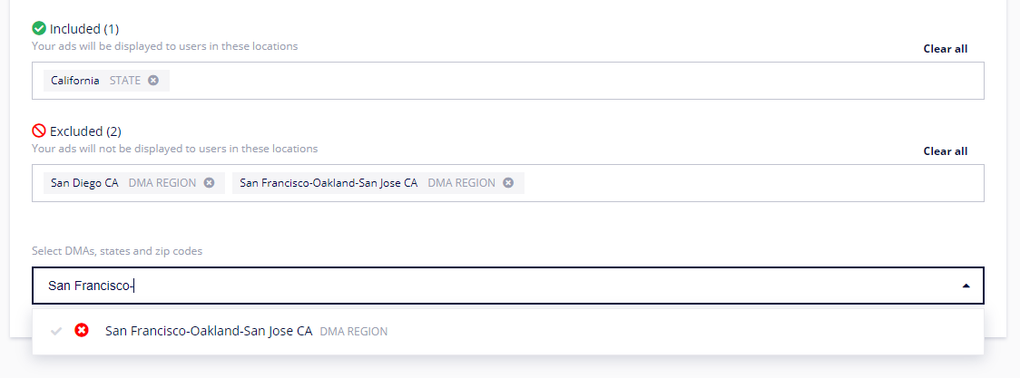 A location targeting interface showing the state of California included, while the San Diego and San Francisco DMA regions are excluded.