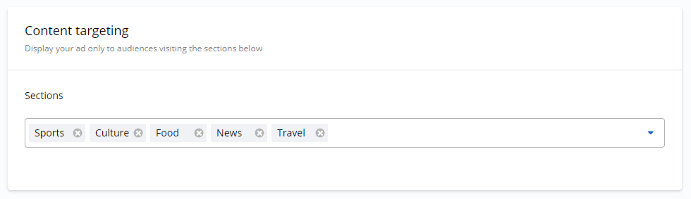 A content targeting interface showing the selected sections Sports, Culture, Food, News, and Travel.