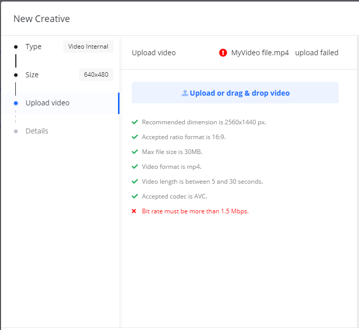Screenshot of a failed video upload attempt in the creative wizard, showing an error message that the video's bit rate did not meet the minimum requirement.