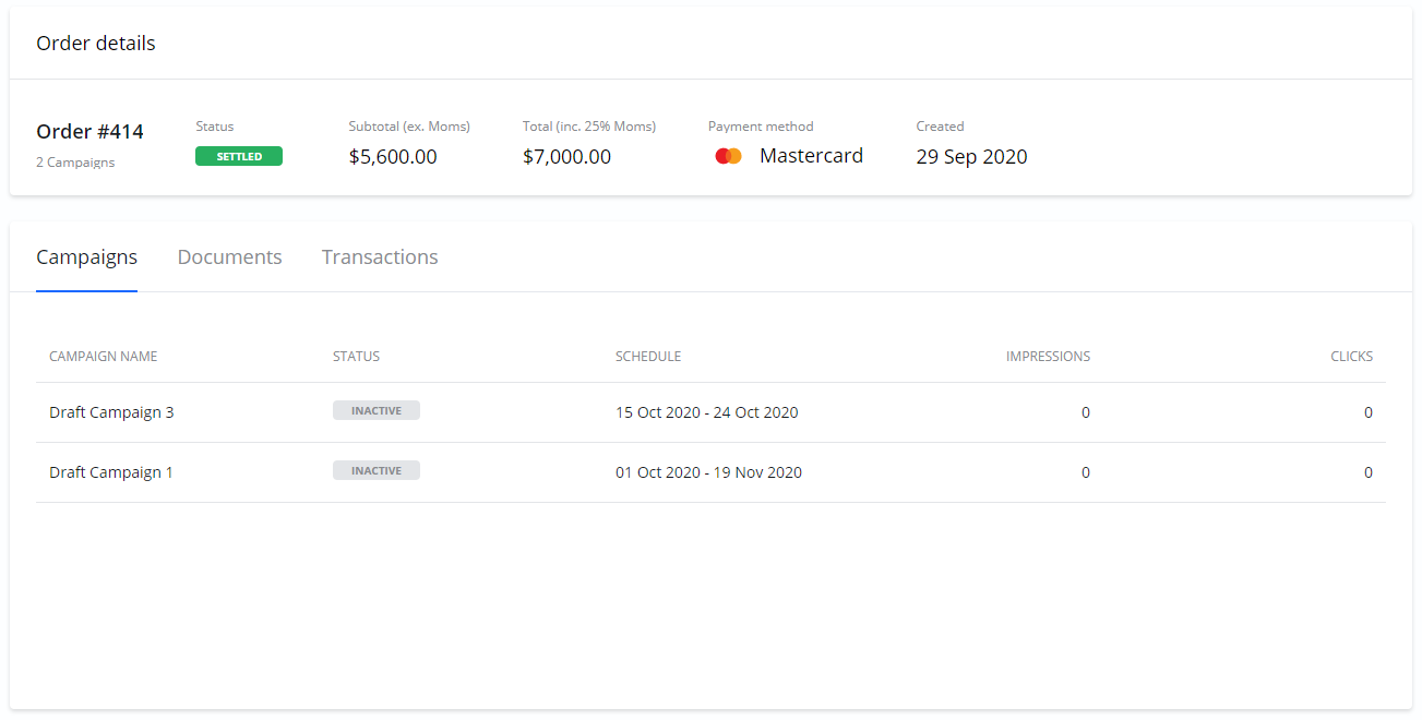 Screenshot of the 'Order details' page for order number 414, showing the settled status, payment details, and a list of associated inactive campaigns.