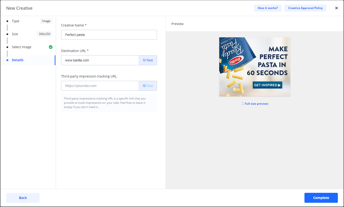 Screenshot of the 'Details' step in the creative wizard, showing the user entering details for a 'Perfect pasta' creative with a live preview.