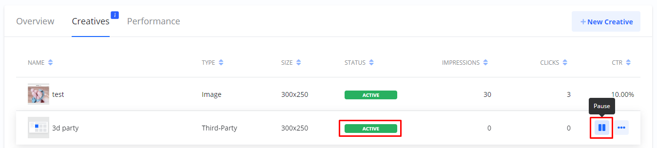 Screenshot of the 'Creatives' list highlighting the 'ACTIVE' status of a third-party creative and the 'Pause' action icon next to it.