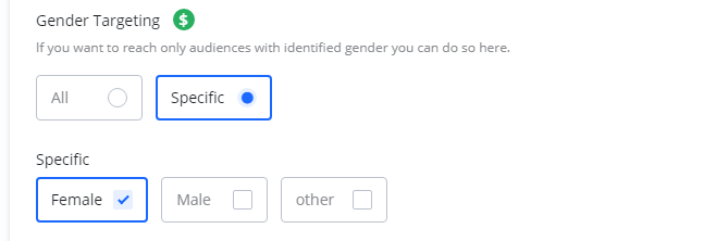 Screenshot of the 'Gender Targeting' section, with the 'Specific' option chosen and 'Female' selected.