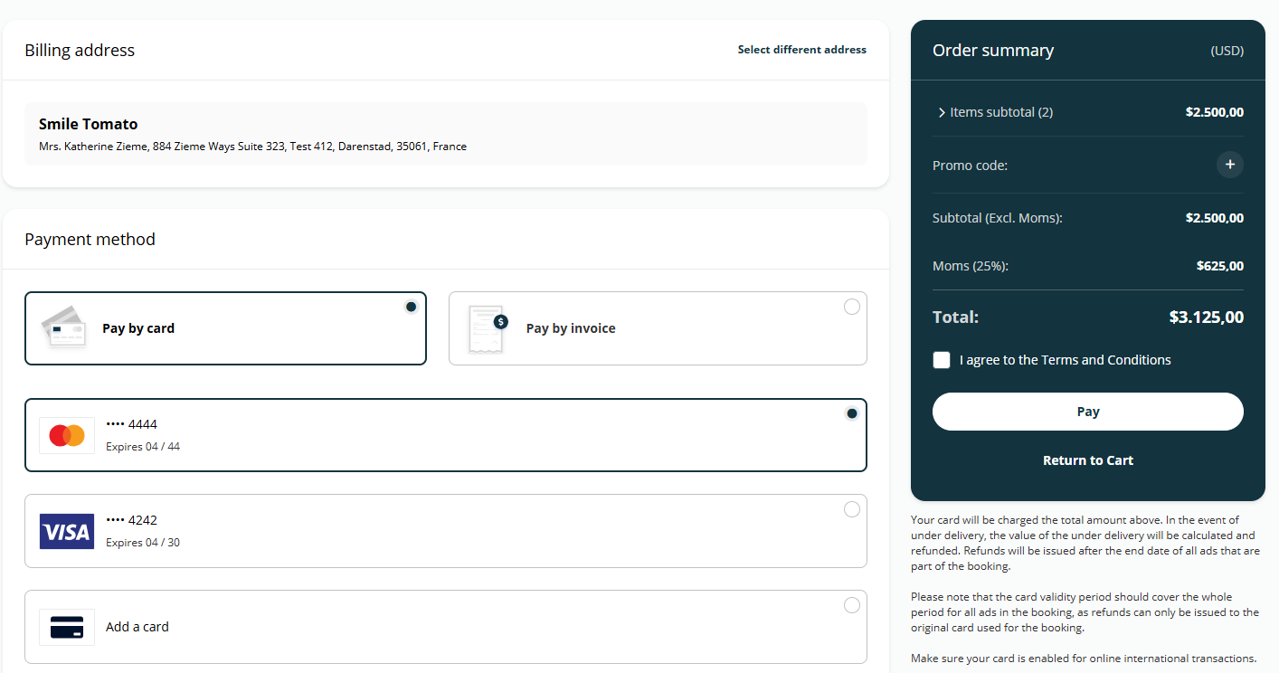Screenshot of the main Payment page, showing the Order Summary, Billing Address, Payment Method, and Promo Code sections.