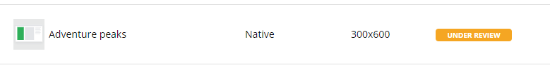 Screenshot of a creative named Adventure peaks in the creative list showing its status as UNDER REVIEW.