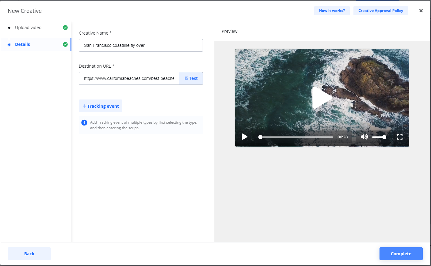 Screenshot of the 'Details' step for a new video creative, showing the creative name and destination URL fields, with a preview of the uploaded video.