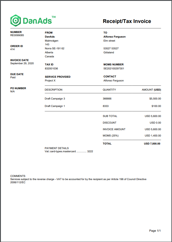 A screenshot of a Receipt and Tax Invoice from DanAds for order 414, showing a total amount of 7,000.00 paid by Mastercard.