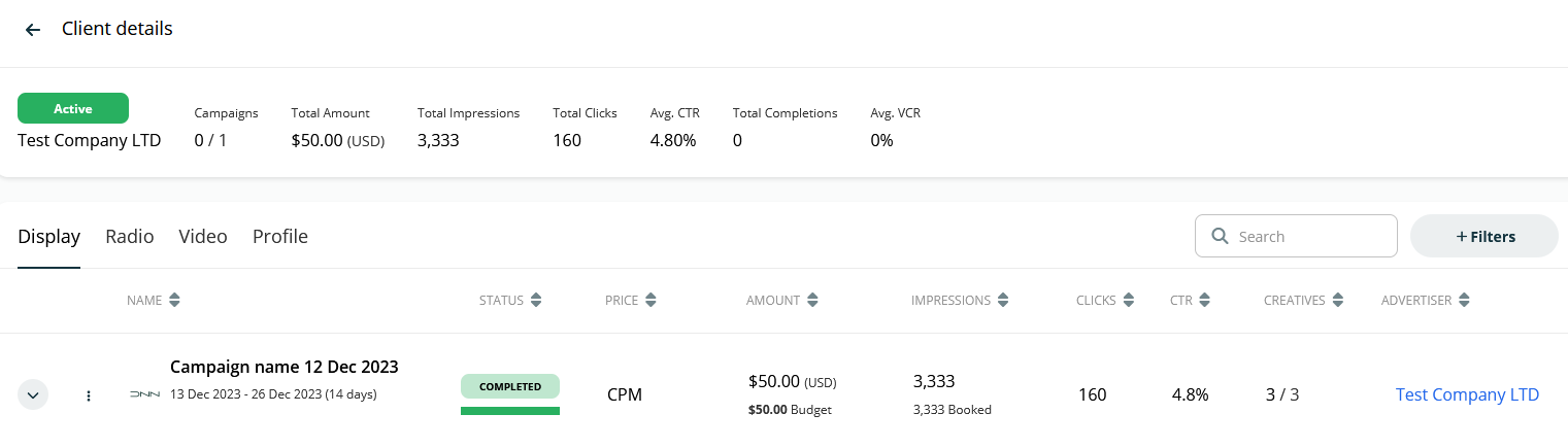Screenshot of the top section of the 'Client details' page, featuring a summary bar with key performance indicators like Total Amount, Total Impressions, and Total Clicks.
