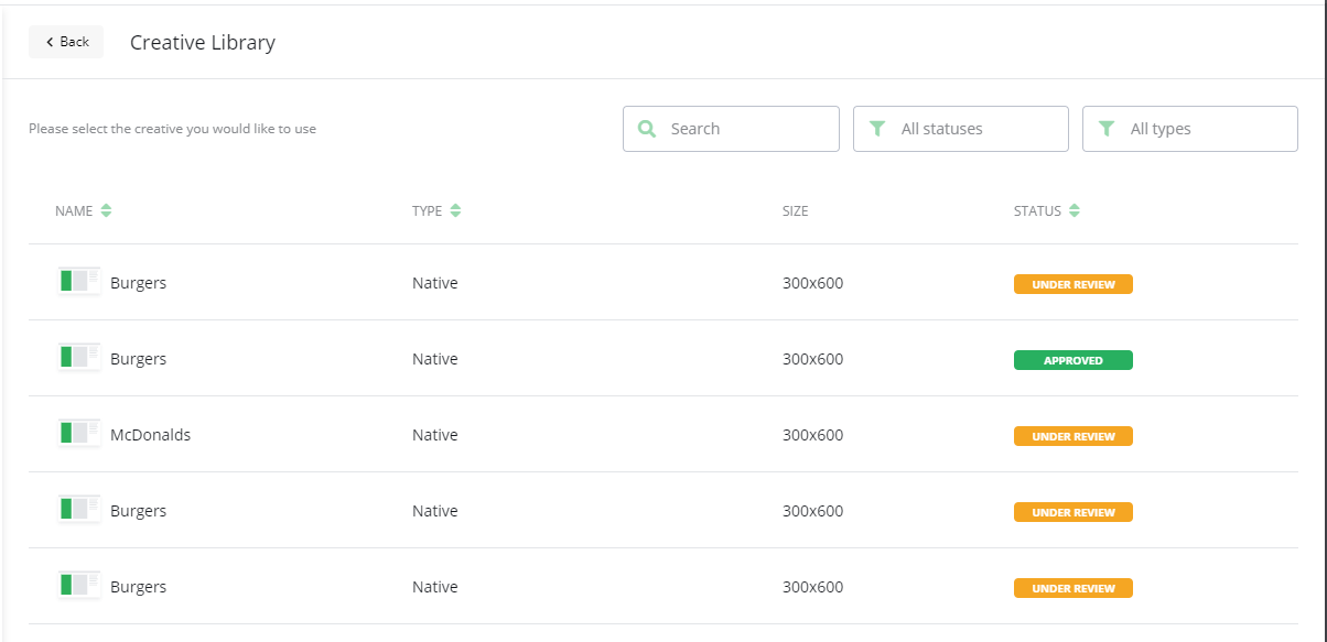 Screenshot of the Creative Library, showing a list of creatives with their statuses and filters to search by status and type.