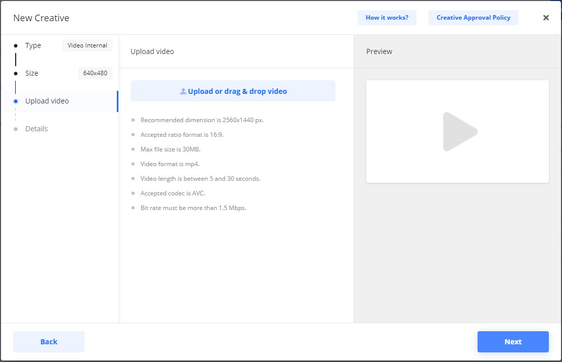 Screenshot of the 'Upload video' step in the creative wizard, showing the drag and drop area and a list of recommended video specifications.