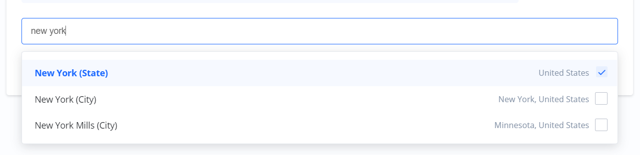 Searching for 'new york' in a location targeting interface, with the 'New York (State)' option selected.