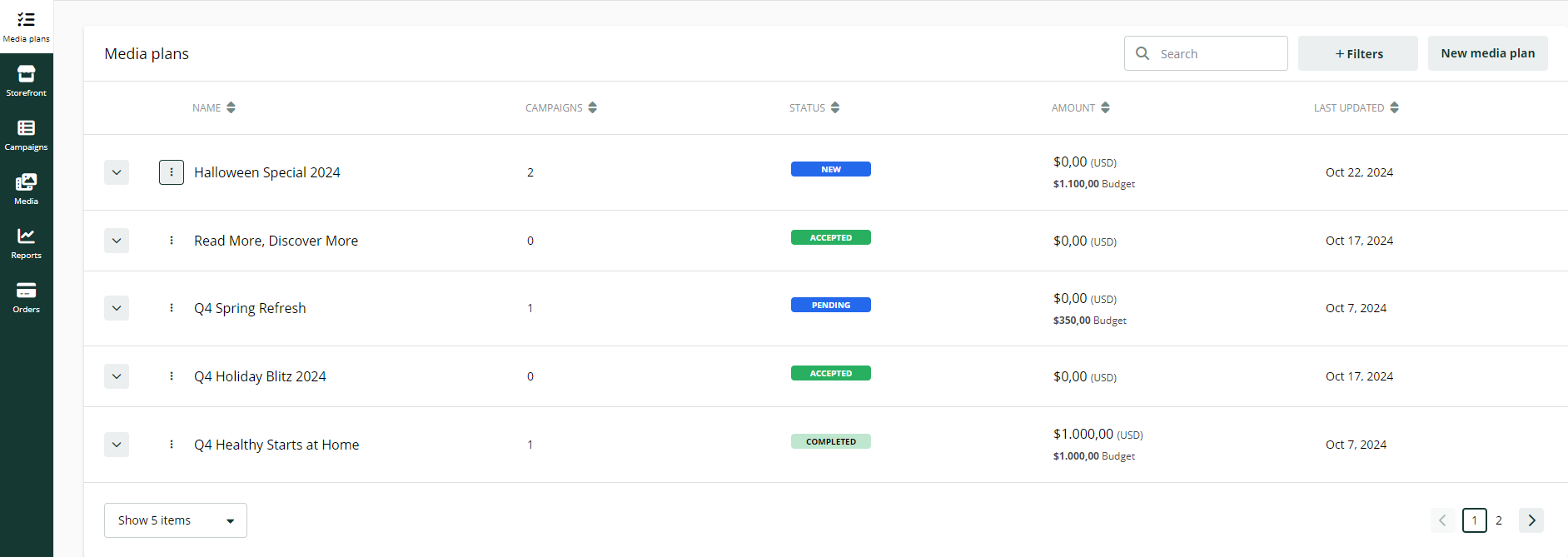 Screenshot of the 'Media plans' list page, displaying multiple plans with various statuses such as New, Accepted, Pending, and Completed.