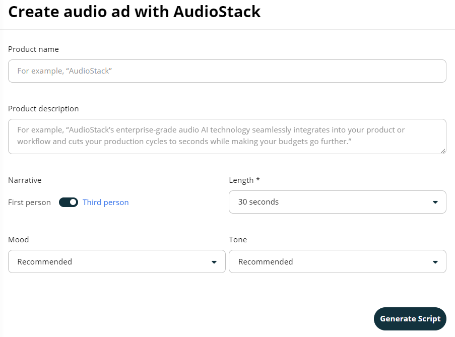 AI Audio creator settings screen
