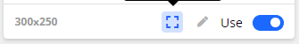 Screenshot of an ad template's controls showing the expand icon, edit icon, the 'Use' option, and an enabled toggle switch.