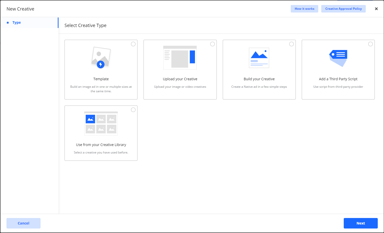 Screenshot of the 'New Creative' screen, showing five options for selecting a creative type including Template, Upload, Build, Add a Third Party Script, and Use from your Creative Library.