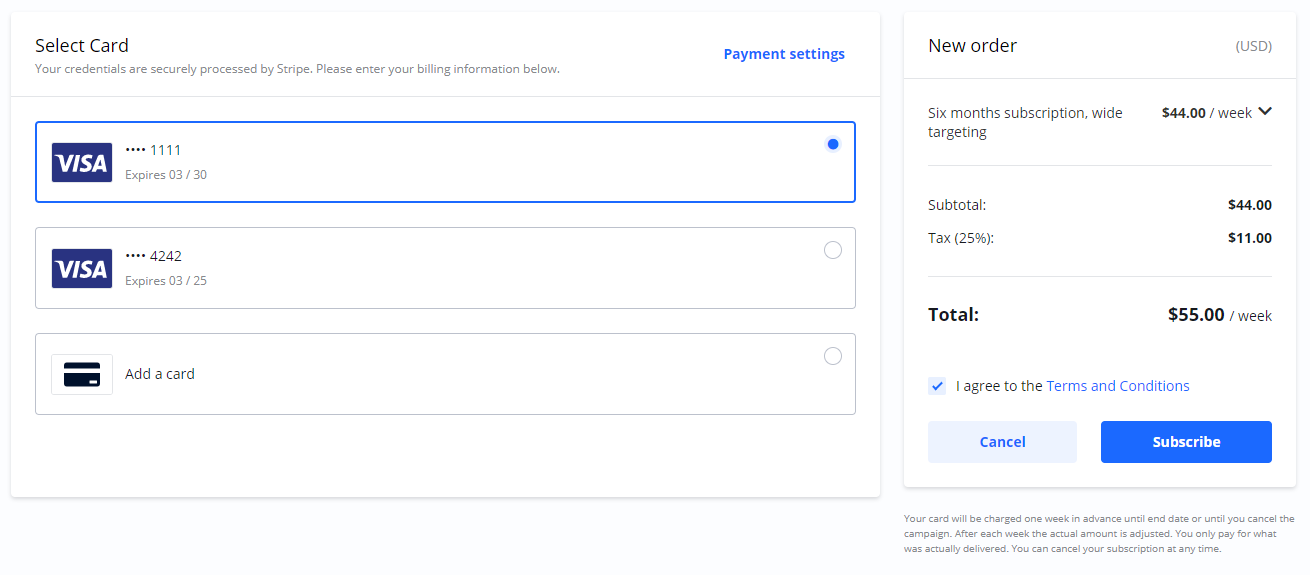 Screenshot of the Subscription checkout page, showing the card selection, terms agreement, and the 'Subscribe' button.