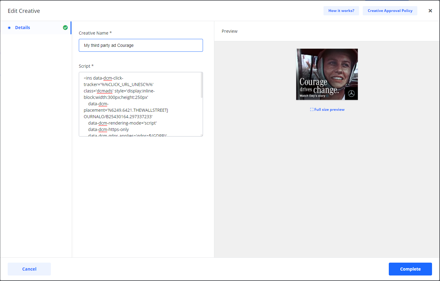 Screenshot of the 'Edit Creative' screen showing the setup for a third-party ad, including the creative name, script input, and a live preview.