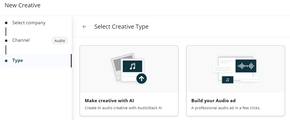 Audio creative selection menu showing AI and Build options