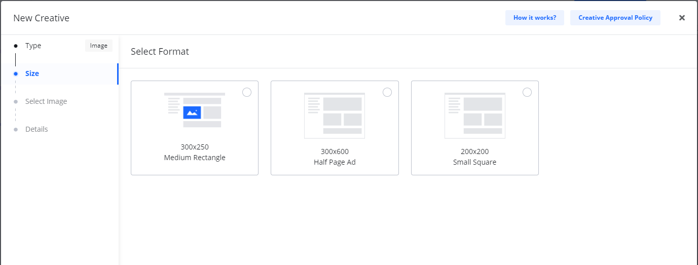 Screenshot of the creative format selection step showing options for Medium Rectangle, Half Page Ad, and Small Square.