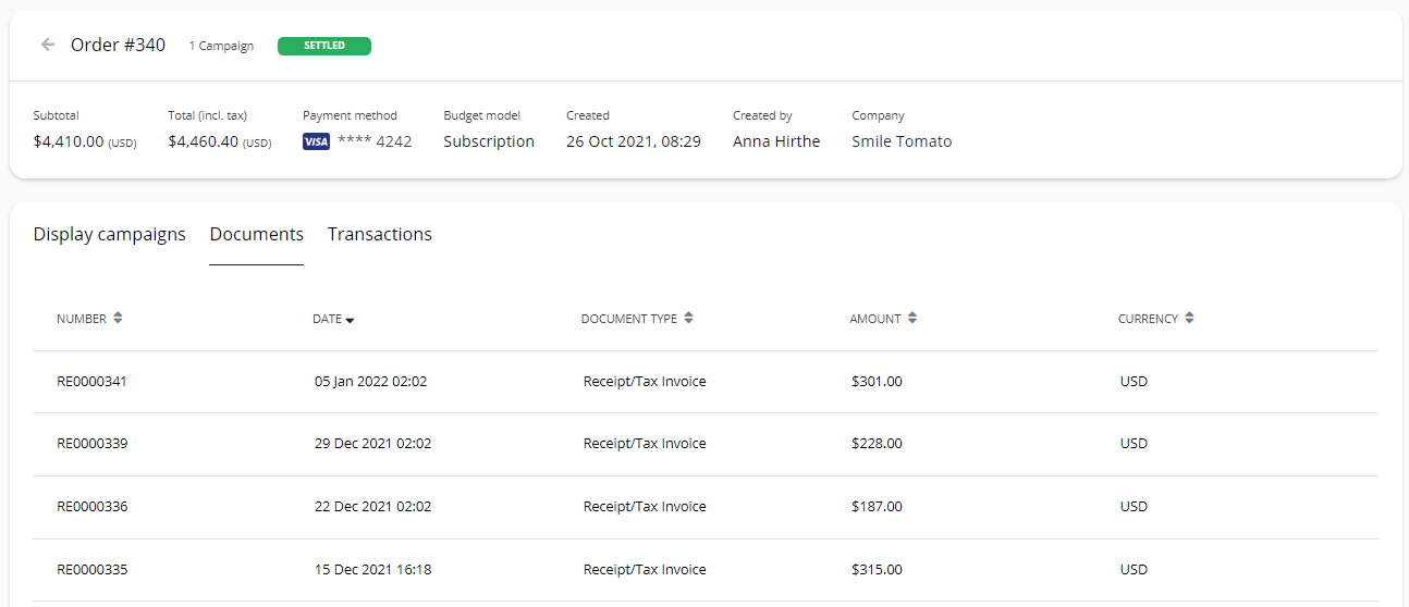Screenshot of the Documents tab within Order details, showing a list of downloadable weekly receipts for a subscription.