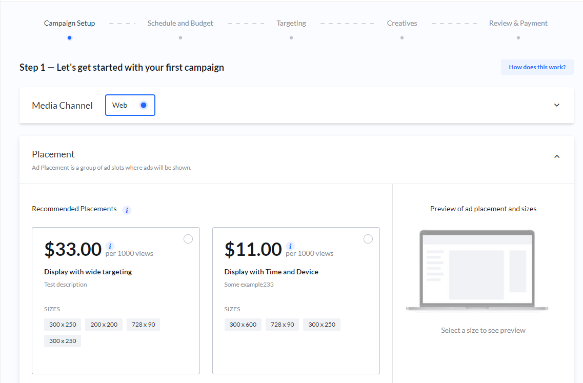 Screenshot of the 'Campaign Setup' step in the Campaign Wizard, showing the 'Placement' section with recommended ad placements and their prices.