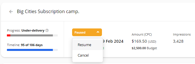 Screenshot of the Status dropdown on the Campaign details page, with the 'Resume' option highlighted.