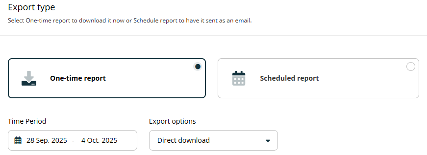 The report export screen with the 'One-time report' option selected, showing a specific time period and 'Direct download' as the export option.