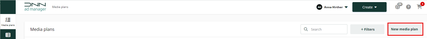 Screenshot of the 'Media plans' page highlighting the 'New media plan' button.