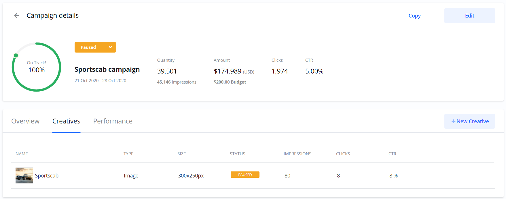 Screenshot of the 'Campaign details' page for a paused 'Sportscab campaign', showing its overall performance and the paused status of its creative.