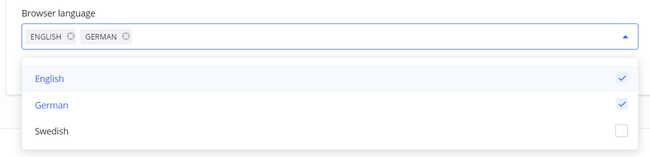 A close-up of a browser language selection dropdown, with 'English' and 'German' checked.