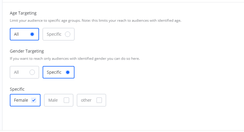 Screenshot of the 'Age Targeting' and 'Gender Targeting' sections, showing 'All' selected for age and 'Female' selected for gender.