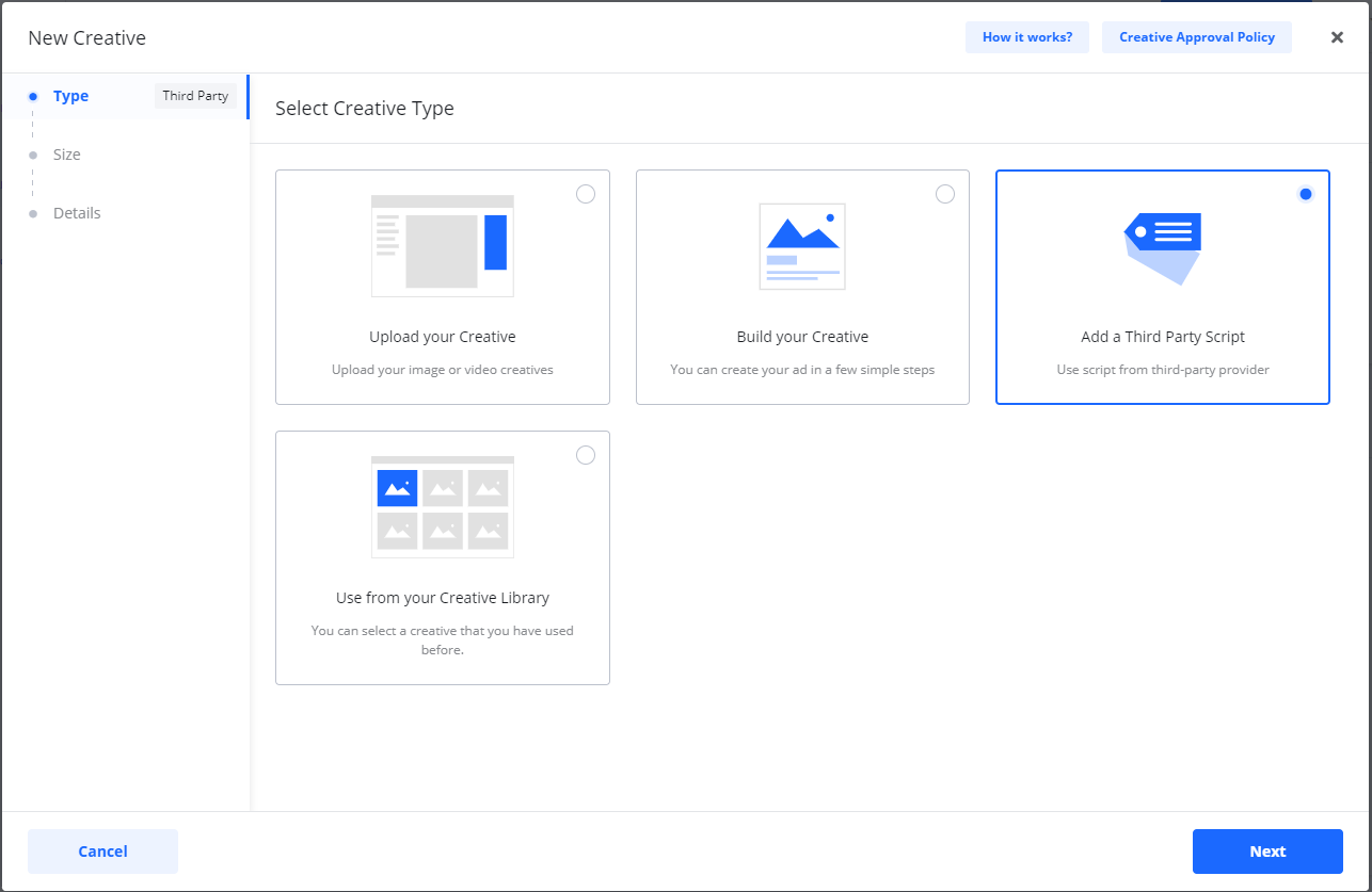 Screenshot of the 'New Creative' type selection screen with the 'Add a Third Party Script' option chosen.