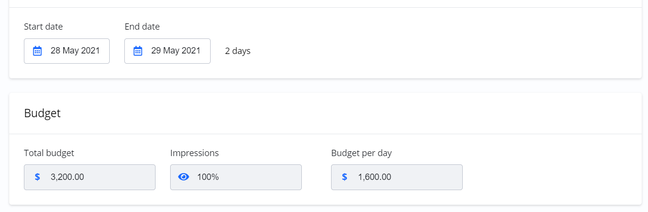 Screenshot showing a 2-day campaign schedule and a 'Budget' section with a Total budget of 3,200.00 and a Budget per day of 1,600.00.