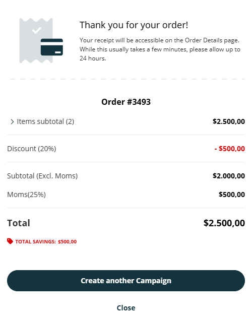 Screenshot of the 'Thank you for your Order' confirmation page, which appears after a successful payment.