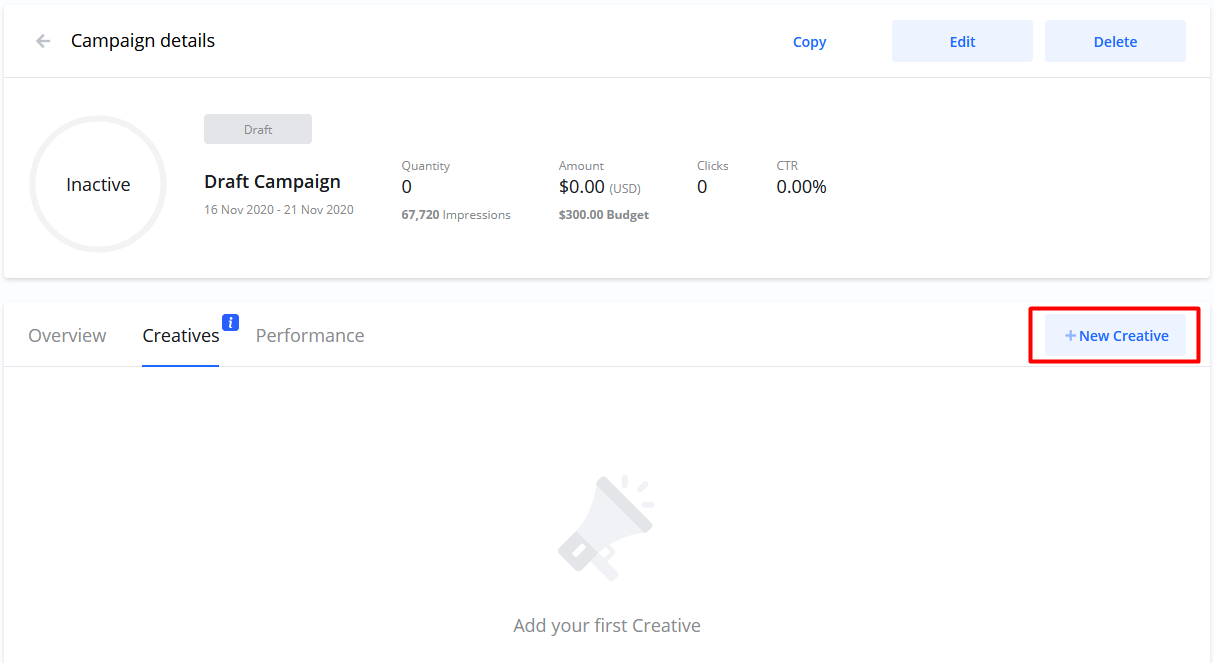Screenshot of the 'Creatives' tab on the 'Campaign details' page, highlighting the 'New Creative' button.