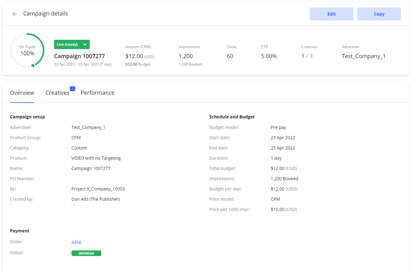 Screenshot of the 'Campaign details' page showing the Overview tab for a live campaign, with sections for Campaign setup, Schedule and Budget, and an invoiced Payment status.