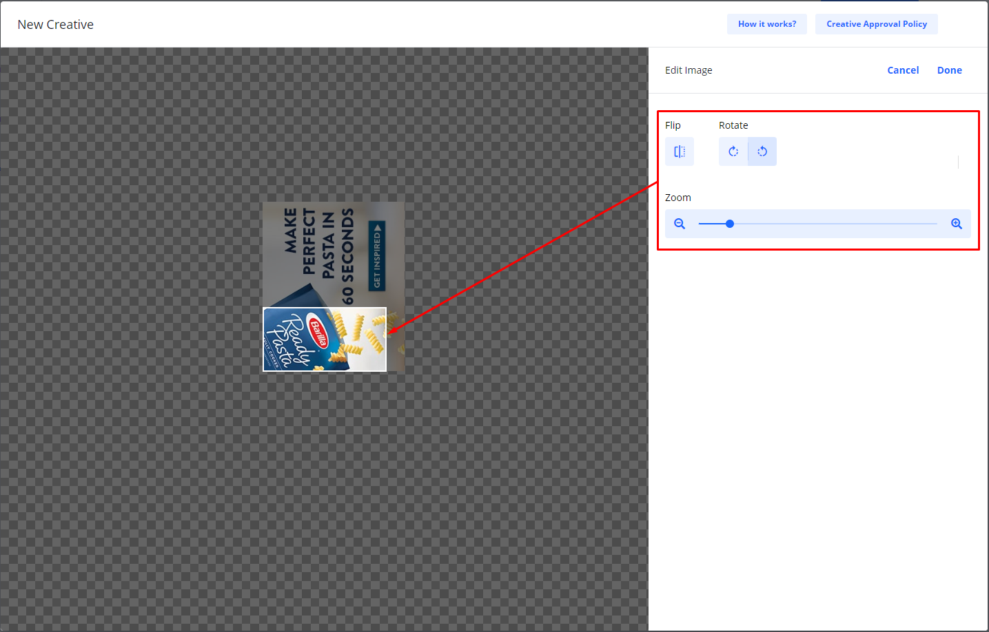 Screenshot of the 'New Creative' image editor, highlighting the flip, rotate, and zoom controls for an uploaded image.