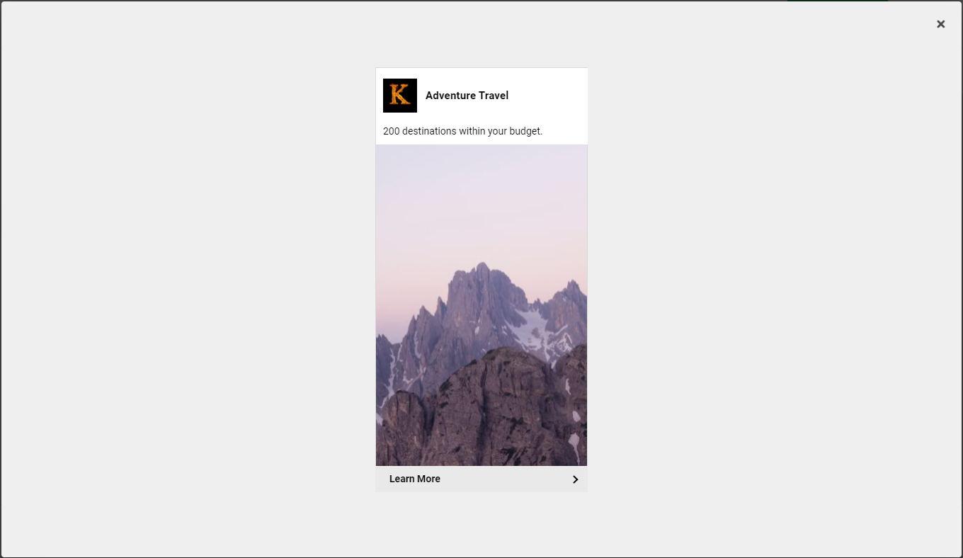 Screenshot showing a full-size preview of a native ad for Adventure Travel.