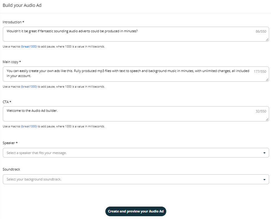 Manual script and voice setup form for Audio ads