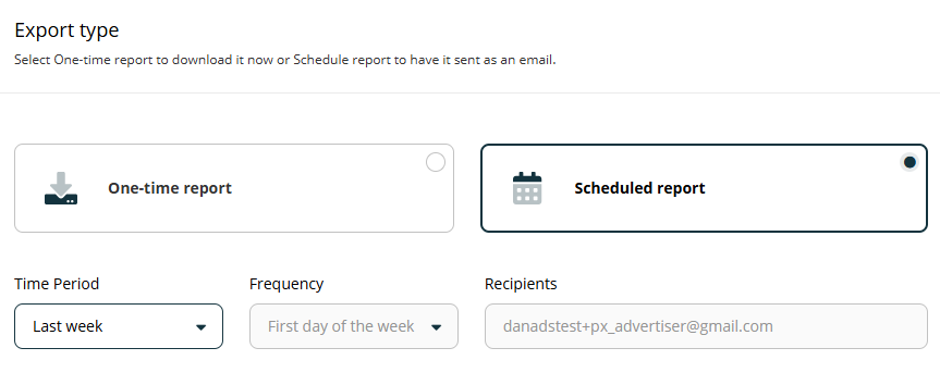 The report export screen with the 'Scheduled report' option selected, showing settings for time period, frequency, and an email recipient.