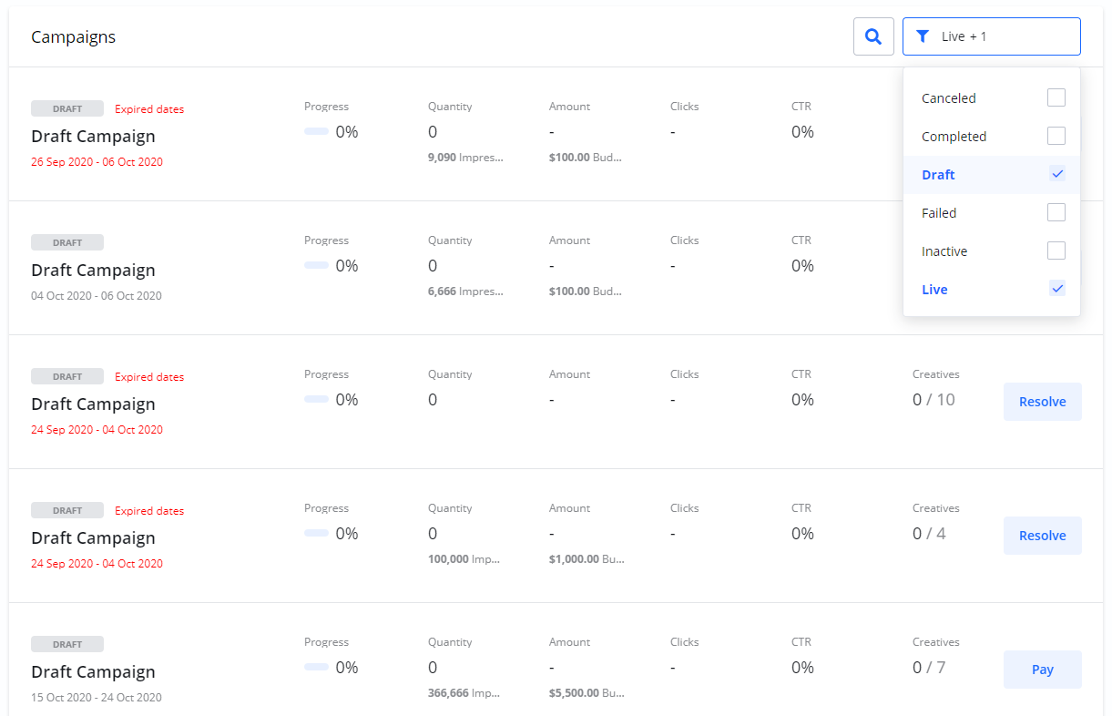 Screenshot of the Campaigns list page, showing the status filter dropdown with 'Draft' and 'Live' options selected.