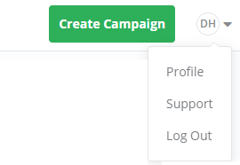 A user dropdown menu showing the options 'Profile,' 'Support,' and 'Log Out,' located next to a 'Create Campaign' button.