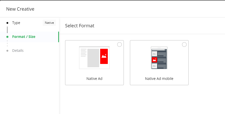 Screenshot of the 'New Creative' wizard at the 'Format Size' step, showing 'Native Ad' and 'Native Ad mobile' format options.