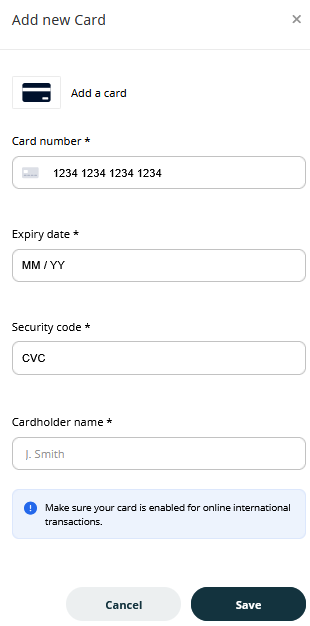 Screenshot of the 'Add new card' modal window. It shows the fields for entering a Card number, Expiration date, and CVC, along with a 'Save' button to add a new payment method.