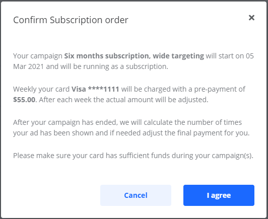 Screenshot of the 'Confirm Subscription' pop-up window, showing the weekly payment amount and authorization text.