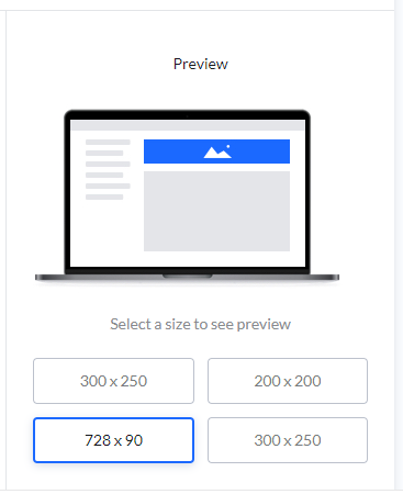 Screenshot of the 'Ad Preview' section, showing different ad size options and a preview of the selected '728 x 90' banner.