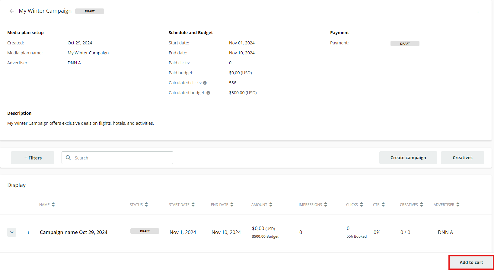 Screenshot of the 'My Winter Campaign' media plan details page, showing the campaign setup, schedule, and budget information, with the 'Add to cart' button highlighted.